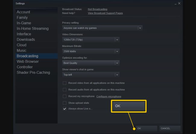 כפתור אישור בהגדרות השידור ב-Steam