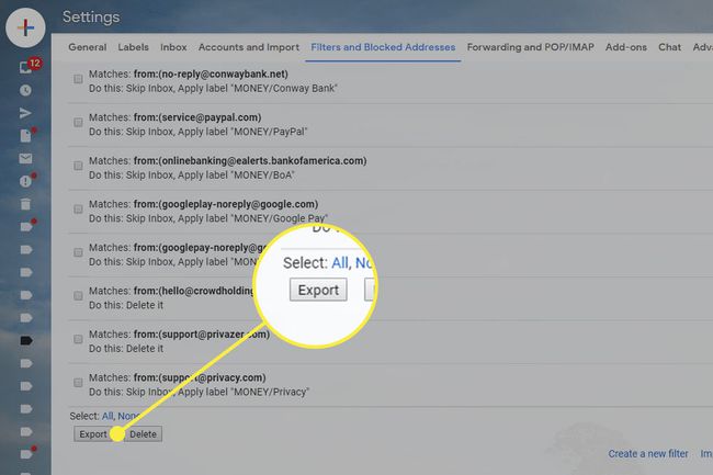 Uma captura de tela das configurações de filtros do Gmail com o botão Exportar destacado