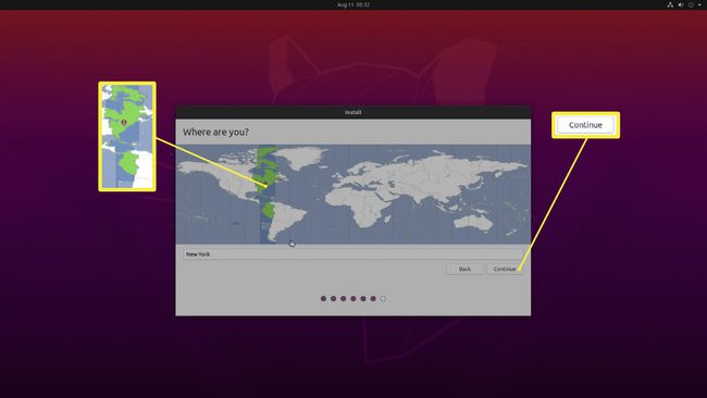 สกรีนช็อตของการเลือกเขตเวลาใน Ubuntu