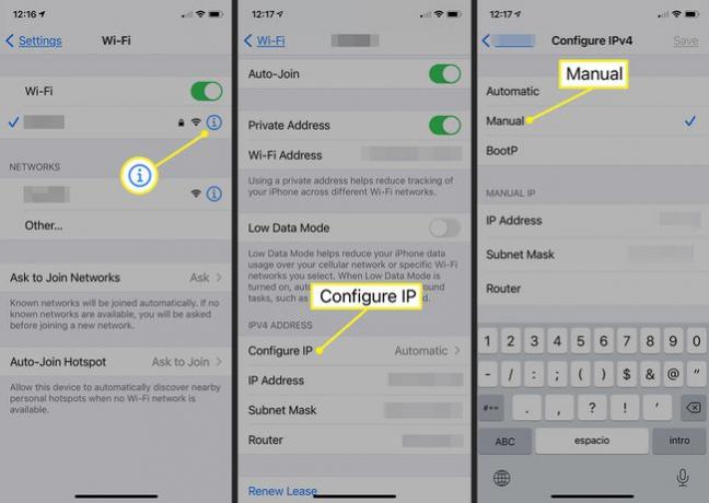 Pantallas de iOS que muestran el botón Configurar IP y configuración manual