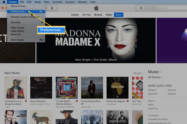 รายการเมนูการตั้งค่าใน iTunes