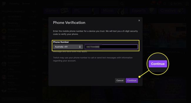Twitch zaslon za potvrdu telefona s poljem za telefonski broj i označenim gumbom Nastavi.
