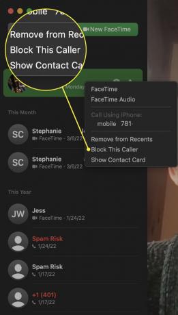 FaceTime على جهاز Mac من قائمة المكالمات الأخيرة مع فتح قائمة Block This Caller المفتوحة وتمييز عنصر قائمة Block This Caller.