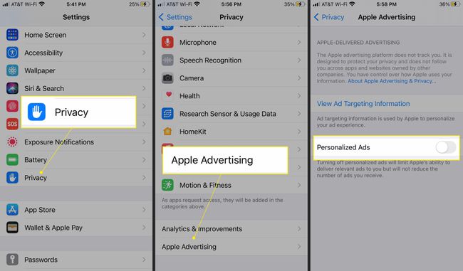 Configurações de privacidade do iPhone destacando " Publicidade da Apple" e a alternância de anúncios personalizados