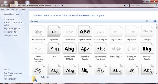 Captura de tela da pasta Fontes do Windows 7