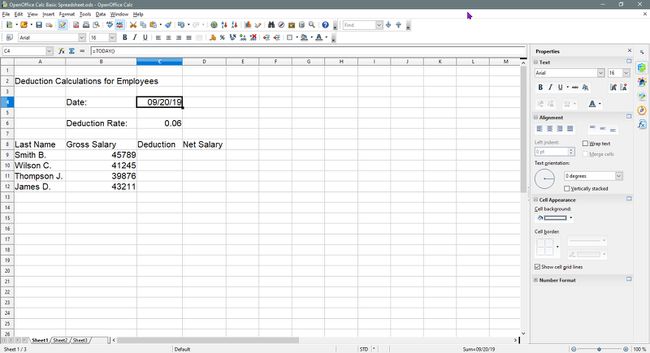 De resultaten van de Today-formule in OpenOffice Calc.