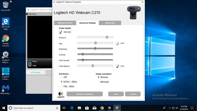 نافذة Logitech HD Webcam Properties