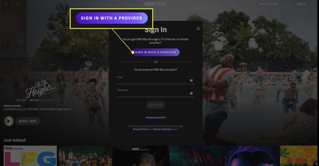 การลงชื่อเข้าใช้ HBO Max ผ่านการสมัครสมาชิกเคเบิลโดยเน้นที่การลงชื่อเข้าใช้ด้วยผู้ให้บริการ
