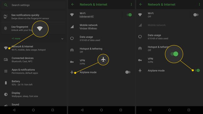 Setări Android cu Mod Avion evidențiat