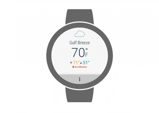 Az AccuWeather alkalmazás egy Wear OS okosórán látható.