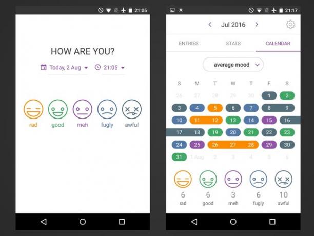 Δύο στιγμιότυπα οθόνης της εφαρμογής Daylio για Android.