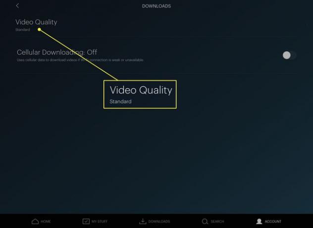 ビデオ品質の見出しが強調表示されたHuluのダウンロード設定のスクリーンショット