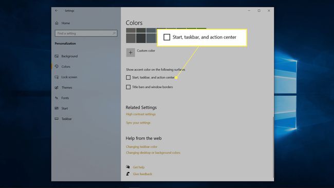 Windows 색상 설정에서 강조 표시된 시작, 작업 표시줄 및 알림 센터.