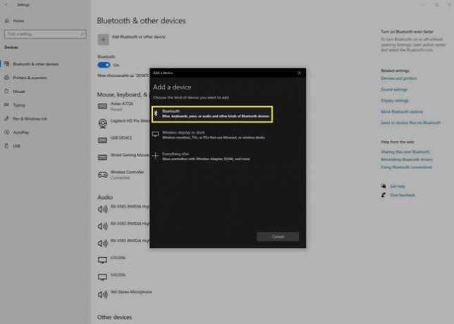 Bluetooth-eszköz hozzáadása a Windows 10 beállítási ablaktáblájában.