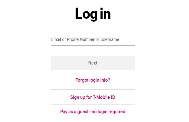 Екранът за влизане в T-Mobile, показващ къде да въведете идентифицираща информация.