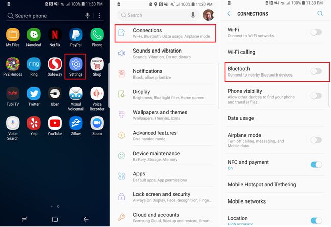 Lista de aplicații Android, setările și ecranul de conexiuni care arată opțiunile Bluetooth