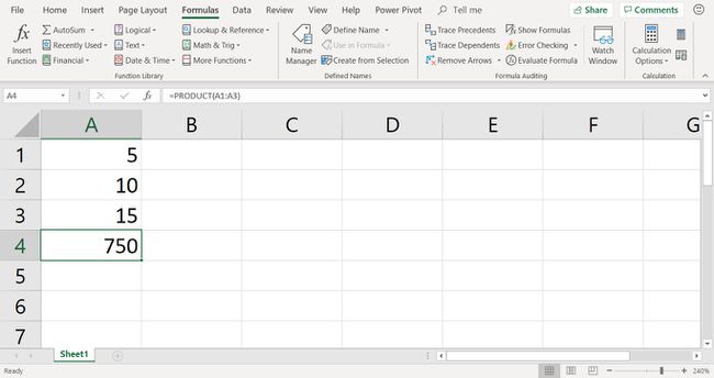 Ein Screenshot, der das Ergebnis der PRODUKT-Funktion in Excel zeigt