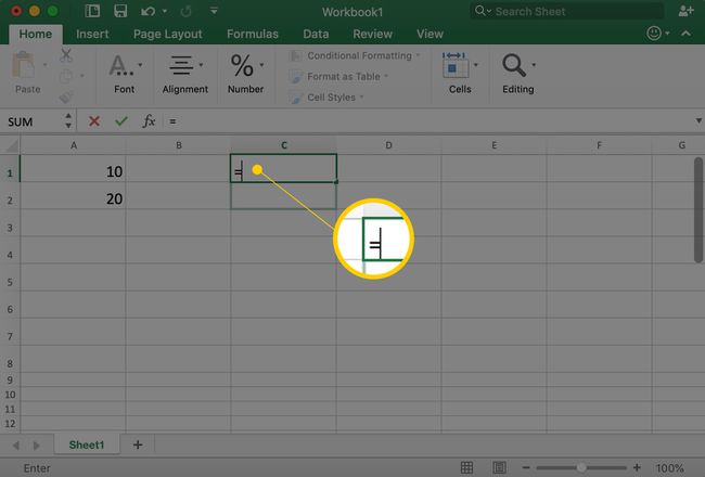 Excel pokazujący komórkę C1 z symbolem w niej