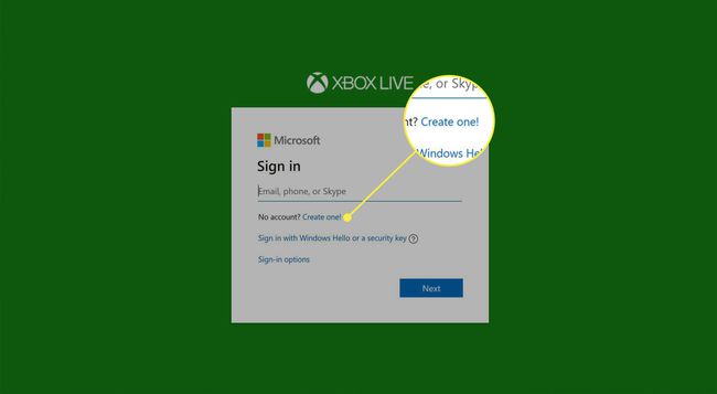 O link " Criar um" no Xbox Live