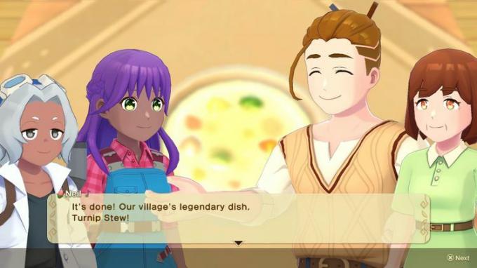 Screenshot van Winds of Anthos met vier hoofdpersonages in een gespreksscherm waarin ze praten over Turnip Stew