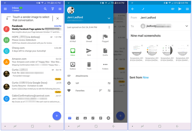 Nine Mail -sähköpostisovelluksen kuvakaappauksia Androidille.