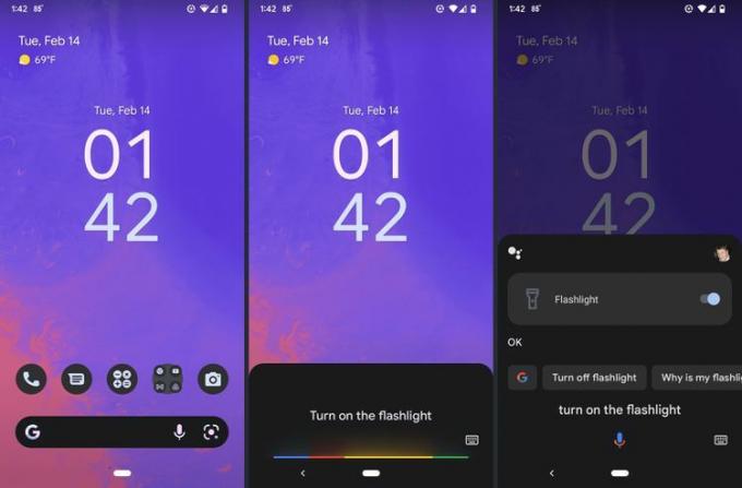 Ecranele de pe Android când utilizați asistentul vocal pentru a porni lanterna.