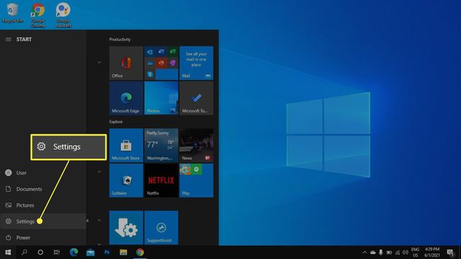 Windows 10 Başlat Menüsü'nde vurgulanan ayarlar