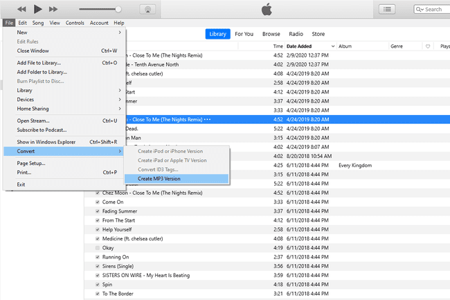 Optie voor MP3-versie maken gemarkeerd in het menu iTunes Converteren