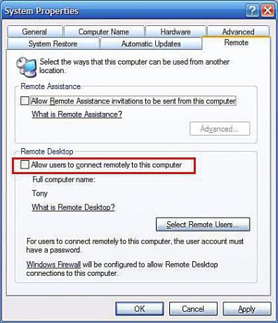Настройките на отдалечения работен плот на Windows XP