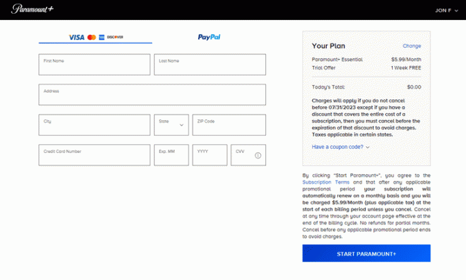 Paramount Plus 支払い方法フォームが強調表示され、「paramount+ を開始」ボタンが強調表示されています