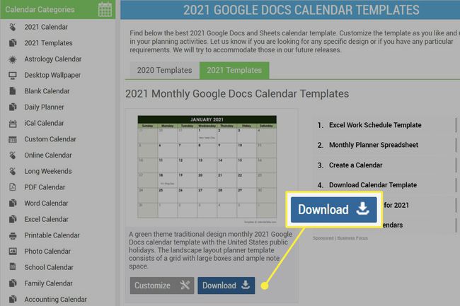 2021 maandelijkse Google Docs kalendersjabloon.