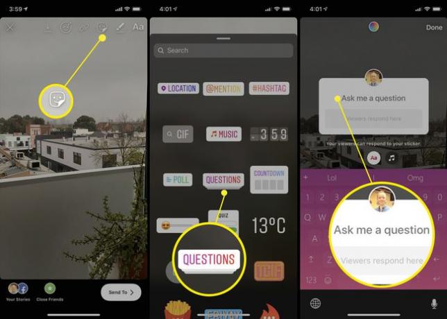 Utilizarea autocolantului cu întrebări Instagram Stories în aplicația Instagram pentru iOS pe iPhone.