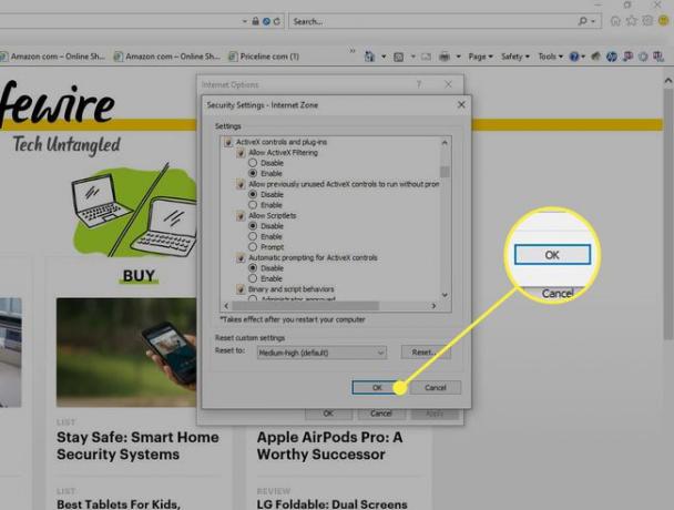 Configuración de seguridad personalizada en IE con el botón Aceptar resaltado