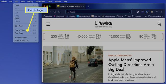 تم تمييز Find in Page في قائمة Edit لـ Firefox على Mac
