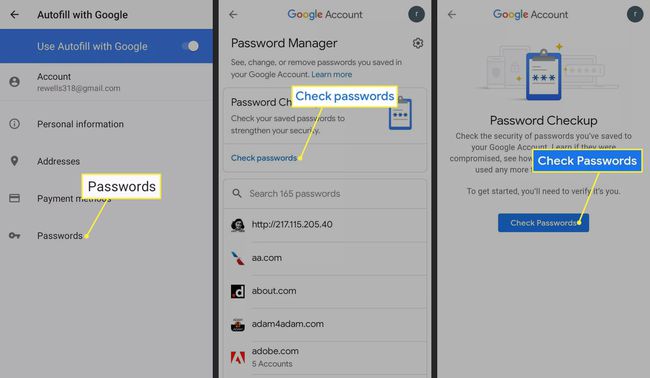 Adgangskoder og tjek adgangskoder fremhævet i Android-indstillinger