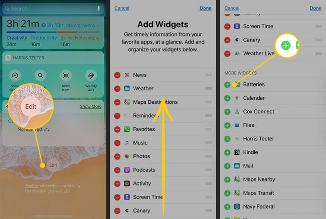 Ilmoituskeskus iOS: ssä, jossa Muokkaa- ja Lisää widget -painikkeet on korostettuina