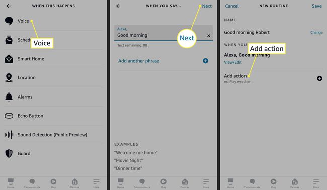 Alexa rakenduses esile tõstetud toiming Voice, Next ja Add
