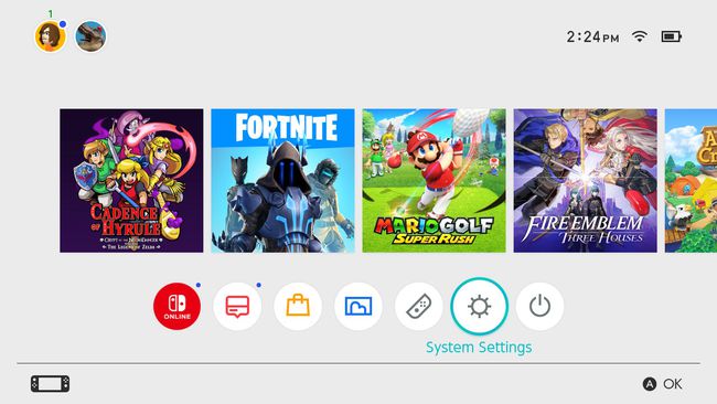 Configurações do sistema destacadas na tela inicial do Switch.