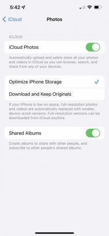 Captura de pantalla de la configuración de Fotos de iCloud