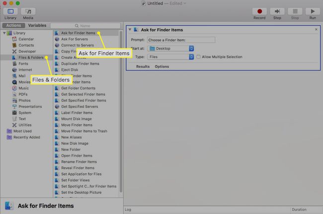 تطبيق Automator لنظام Mac مع تحديد Ask for Finder Items