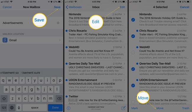 Três telas do iOS mostrando o botão Salvar nova caixa de correio, botão Editar caixa de entrada e botão Mover e-mail no aplicativo Mail