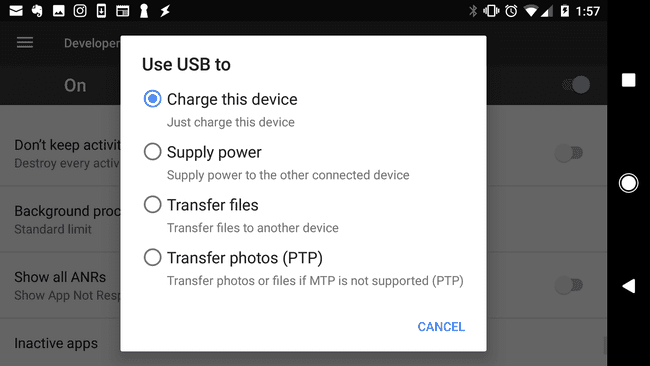 Android 휴대전화의 USB 옵션 스크린샷