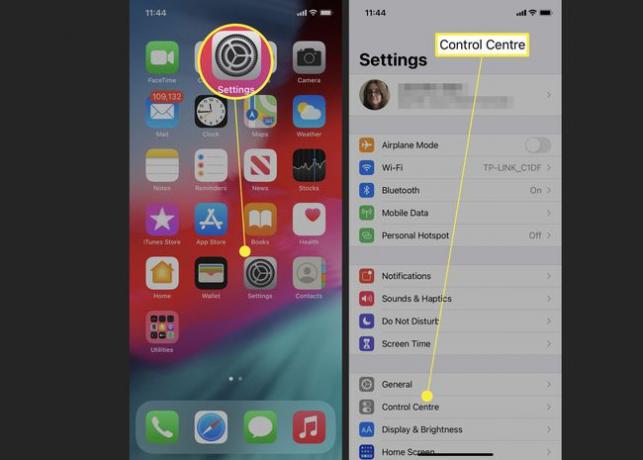 iPhone com Configurações e Centro de Controle destacados