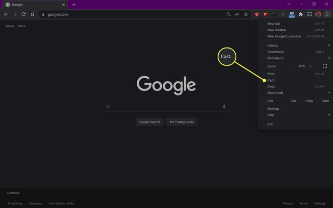 Navegador web Google Chrome con la opción Cast seleccionada.