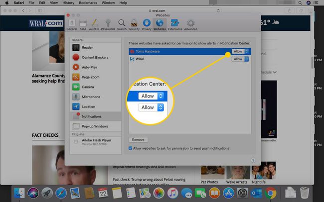 Configuración de notificaciones en Safari con el menú desplegable AllowBlock resaltado