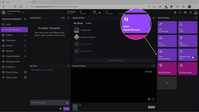 Indítsa el a Squad Stream-et a Twitch Stream Managerben kiemelten.