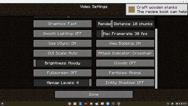 Екранна снимка на видео настройките в Minecraft на Chromebook