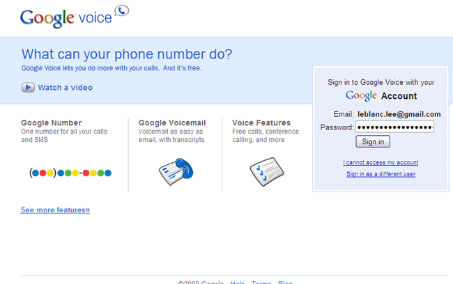 Snímek obrazovky webu Google Voice.