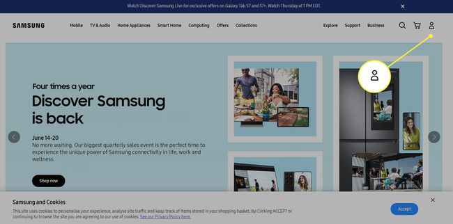 Samsungin kotisivu, jossa profiilikuvake on korostettuna