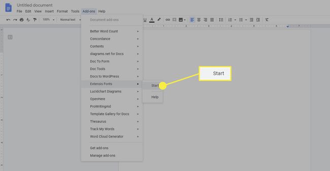 Zagon dodatka Extensis Font Manager v Google Dokumentih.